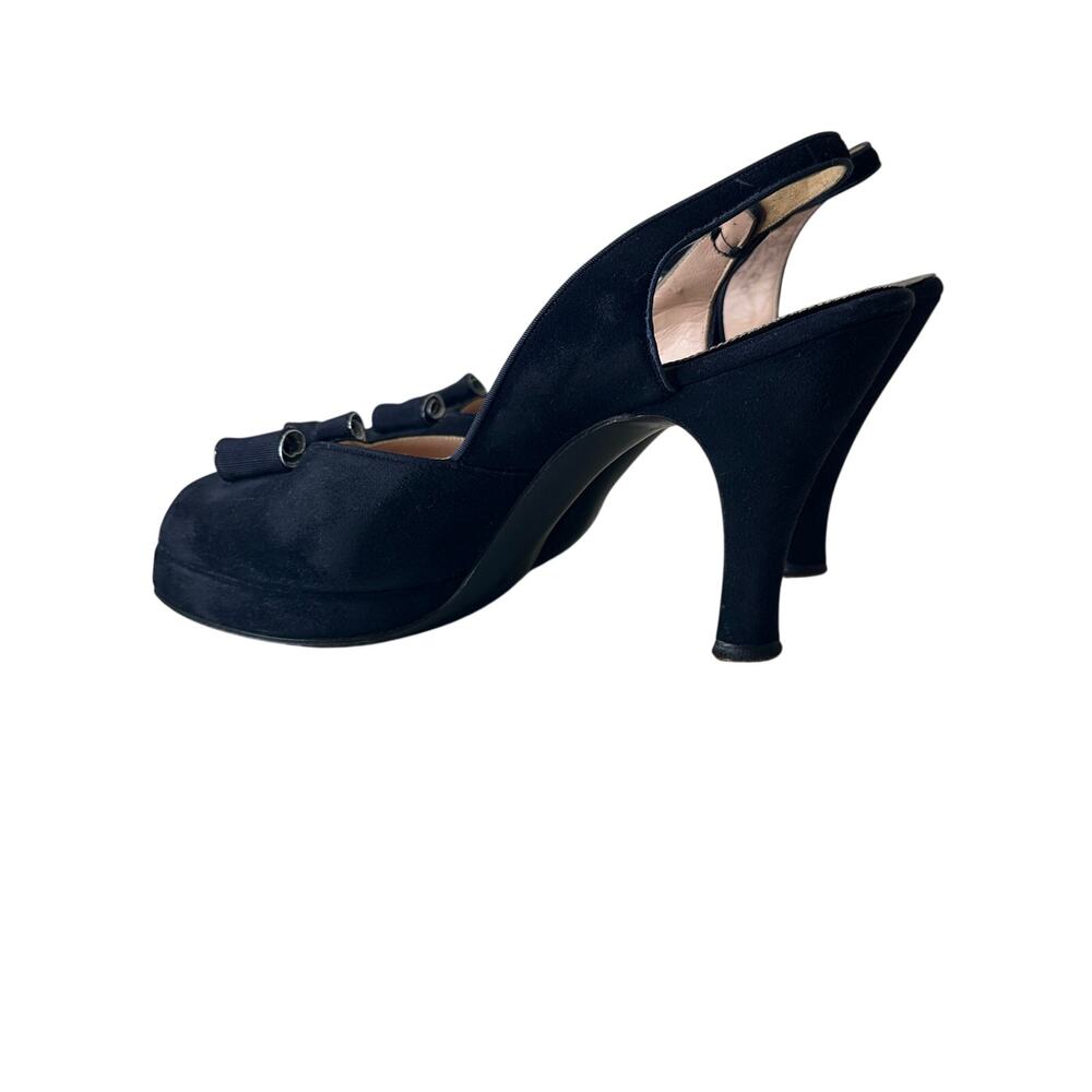Vintage 1940s Palter De Liso Black Suede Platform Peep-Toe Slingback Heels 7 AA